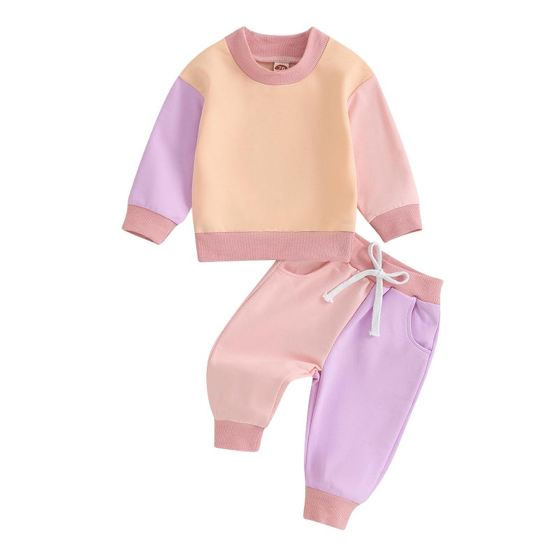 Fernvia Toddler Baby Girl Clothes 3 6 9 12 18 24 Months Fall Outfits Solid Long Sleeve Sweatshirt Tops + Pants Set (C-Purple Pink, 6-12 Months) - Image 1
