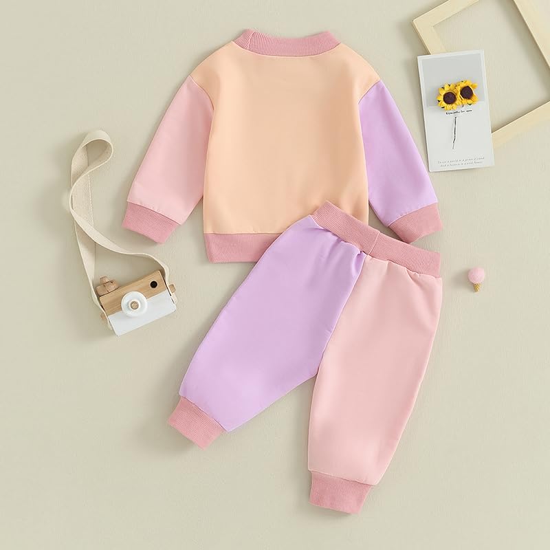 Fernvia Toddler Baby Girl Clothes 3 6 9 12 18 24 Months Fall Outfits Solid Long Sleeve Sweatshirt Tops + Pants Set (C-Purple Pink, 6-12 Months) - Image 4