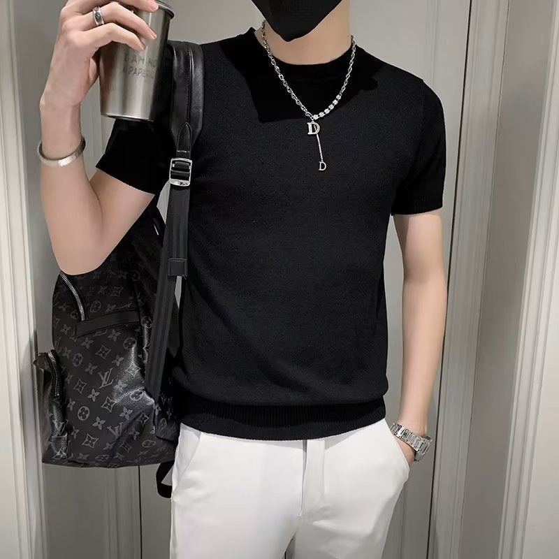 High-End Short-Sleeved T-Shirt Men'S Slim-Fit Trendy T-Shirt Summer Thin Tight Fashion Brand Knitted Half-Sleeve Woolen Clothes - Image 3
