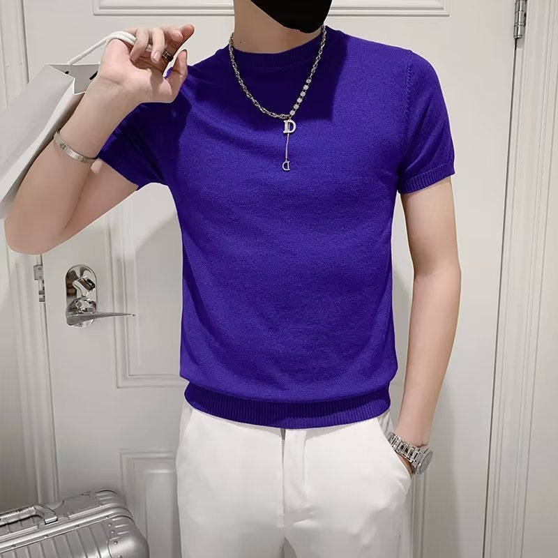 High-End Short-Sleeved T-Shirt Men'S Slim-Fit Trendy T-Shirt Summer Thin Tight Fashion Brand Knitted Half-Sleeve Woolen Clothes - Image 1