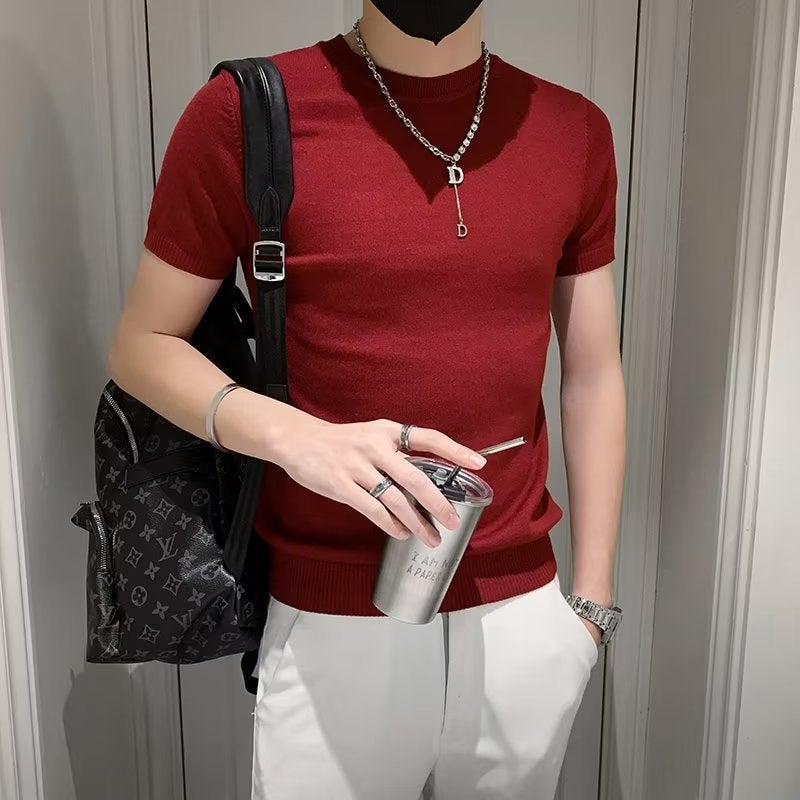 High-End Short-Sleeved T-Shirt Men'S Slim-Fit Trendy T-Shirt Summer Thin Tight Fashion Brand Knitted Half-Sleeve Woolen Clothes - Image 4