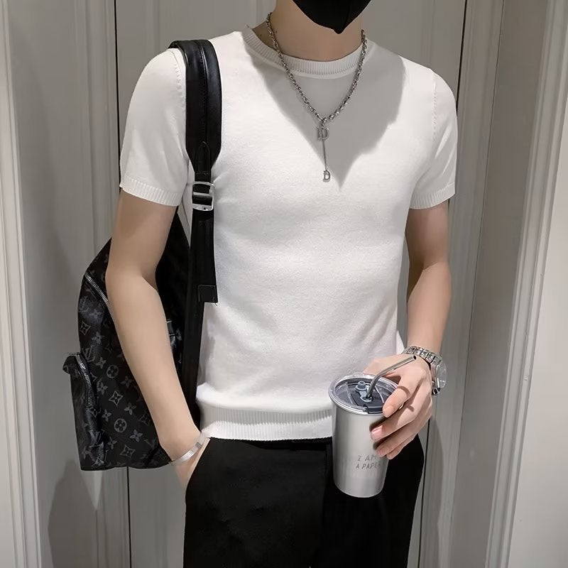 High-End Short-Sleeved T-Shirt Men'S Slim-Fit Trendy T-Shirt Summer Thin Tight Fashion Brand Knitted Half-Sleeve Woolen Clothes - Image 2