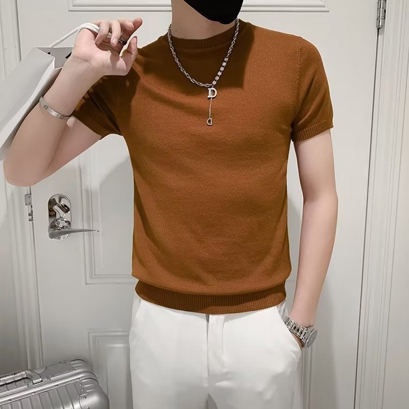 High-End Short-Sleeved T-Shirt Men'S Slim-Fit Trendy T-Shirt Summer Thin Tight Fashion Brand Knitted Half-Sleeve Woolen Clothes - Image 5