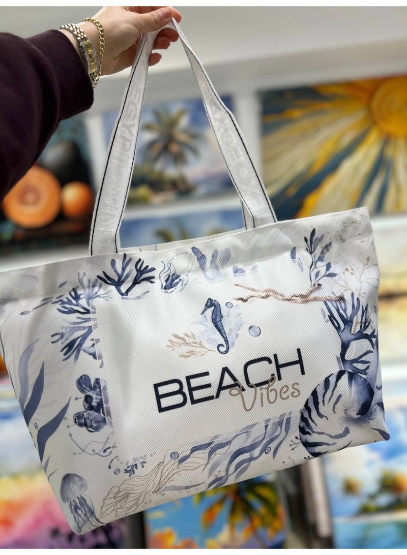 Waterproof beach tote bag with a makeup clutch—a large gabardine beach bag with high-quality double-sided printing, perfect for travel and summer vacations - Image 1
