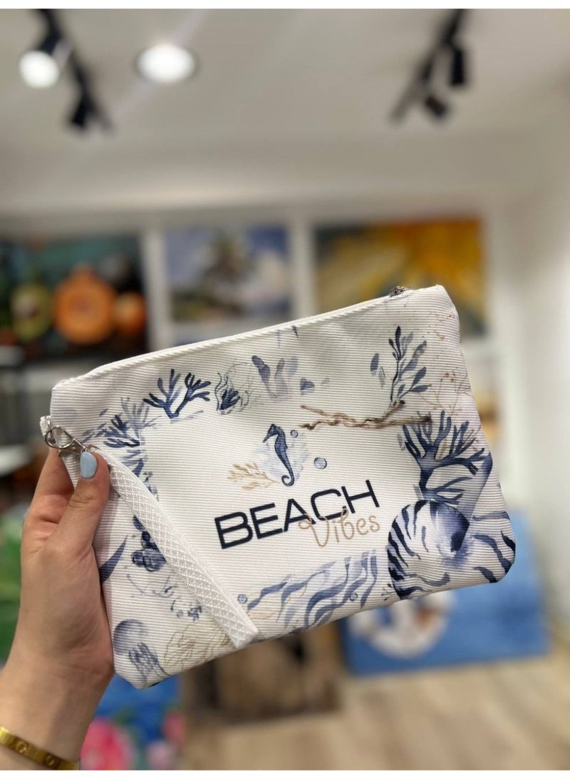 Waterproof beach tote bag with a makeup clutch—a large gabardine beach bag with high-quality double-sided printing, perfect for travel and summer vacations - Image 2