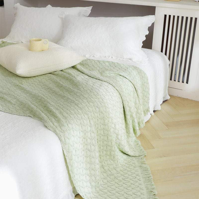 SimpleOpulence 100 Cotton Throw Blanket for Couch Bed Waffle Weave Knit Blanket with Tassels Soft Lightweight PreWashed Breathable Comfy Blanket Farmhouse Decor for AllSeasonSage Green