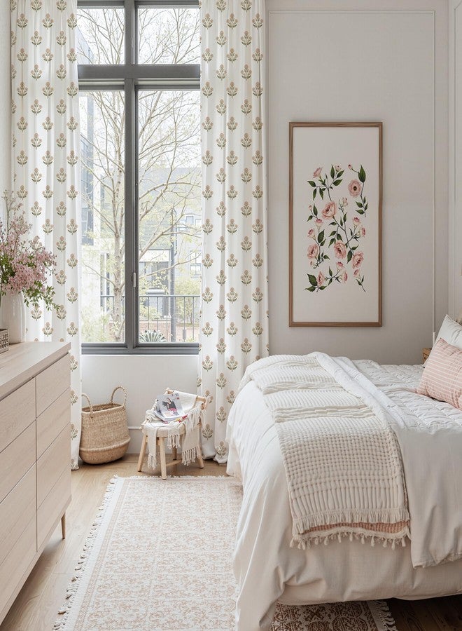 StangH Block Print Curtains 96 Inches Long, Faux Linen Vintage Floral Pattern Light Filtering Privacy Drapes for Nursery Girl's Room, 52 x 96 Inch, Blush Pink, 2 Panels - Image 2