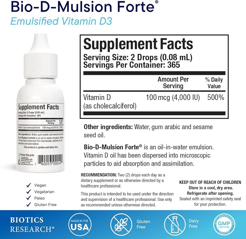 Biotics Research BioDMulsion Forte Liquid Vitamin D Drops 4000 IU  Vitamin D3 2000iu Drop for Adults Best Absorption Strengthens Bones Supports Cardiovascular  Immune System 1 fl oz - Image 2