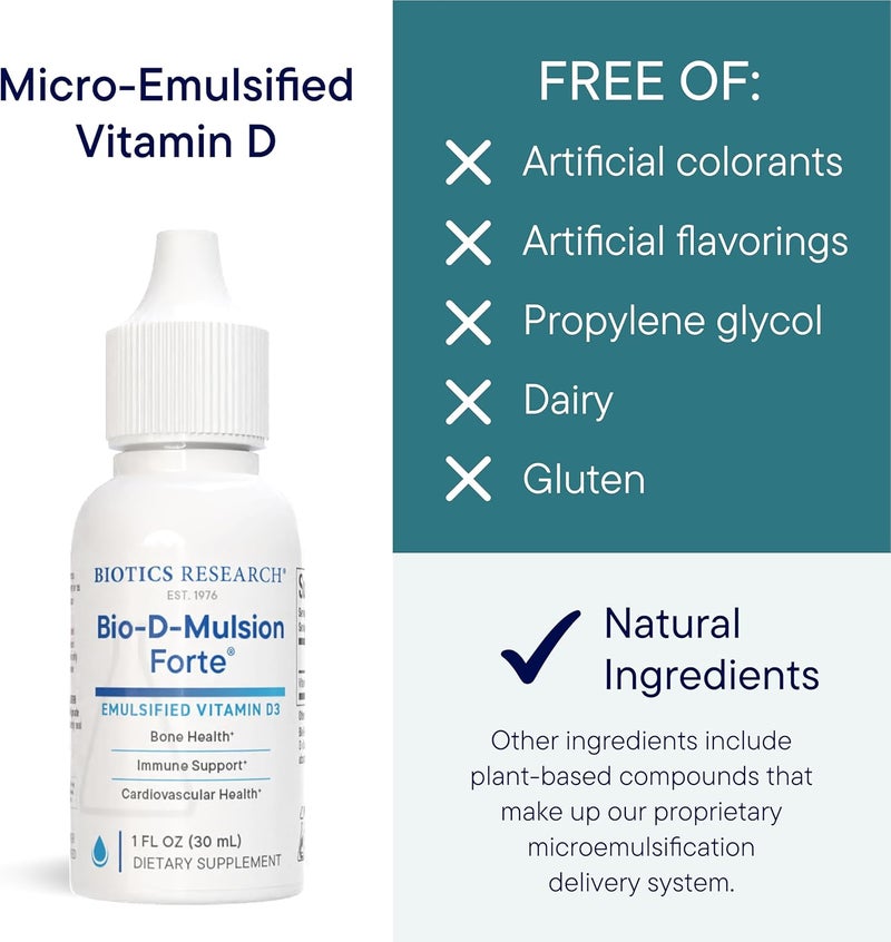 Biotics Research BioDMulsion Forte Liquid Vitamin D Drops 4000 IU  Vitamin D3 2000iu Drop for Adults Best Absorption Strengthens Bones Supports Cardiovascular  Immune System 1 fl oz - Image 4