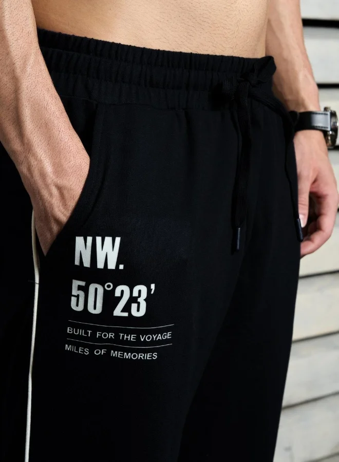 Men's Navy 100% Polyester Printed Full Length Casual Track Pant Oversized Trouser