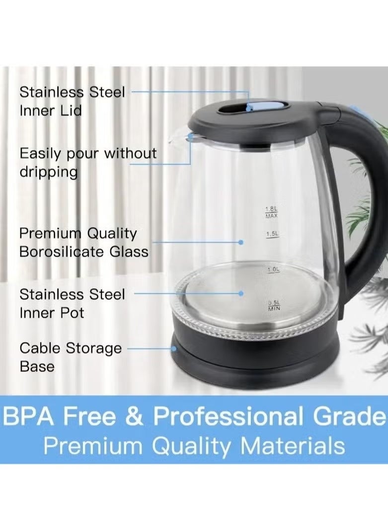 Denx 1.8L Glass Electric Kettle 1500W Fast Boil, Auto Shut-Off & Boil-Dry Protection, Heat-Resistant Handle, Stylish Transparent Design for Home, Kitchen, Office - Image 2