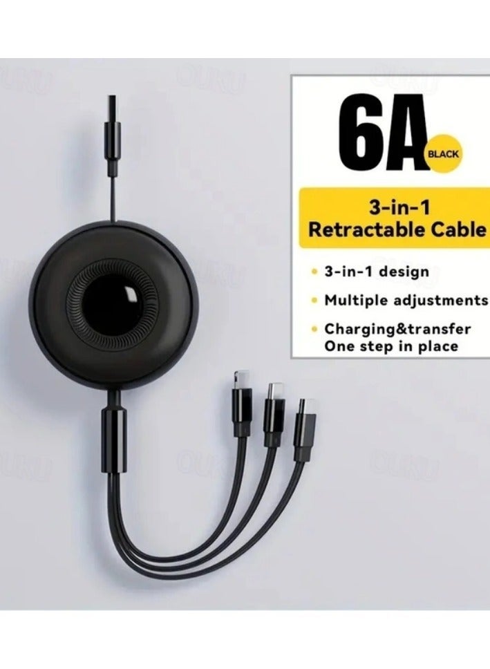 ATA 66W Super Fast Charging 3-in-1 Retractable Data Cable – USB to Micro, iPhone, Type-C (1.1m, Black) - Image 3