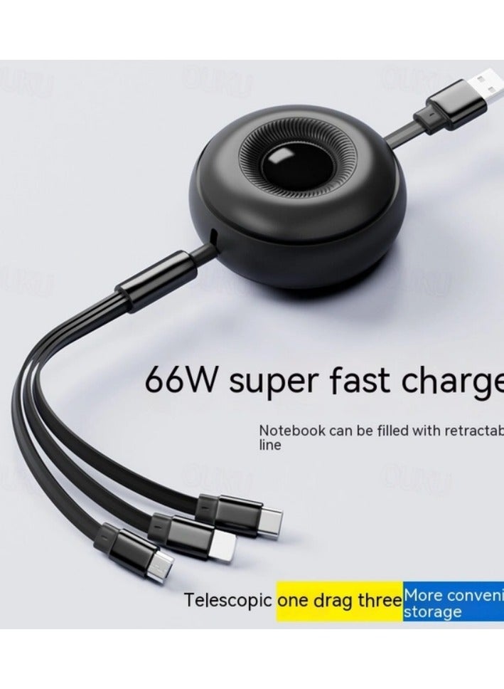 ATA 66W Super Fast Charging 3-in-1 Retractable Data Cable – USB to Micro, iPhone, Type-C (1.1m, Black) - Image 5