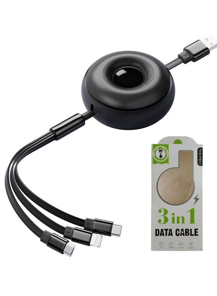 ATA 66W Super Fast Charging 3-in-1 Retractable Data Cable – USB to Micro, iPhone, Type-C (1.1m, Black) - Image 2