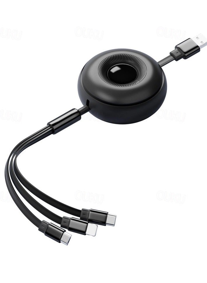 ATA 66W Super Fast Charging 3-in-1 Retractable Data Cable – USB to Micro, iPhone, Type-C (1.1m, Black) - Image 1