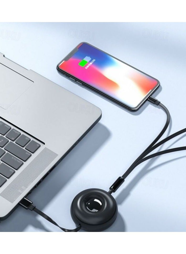 اي تي اي كابل بيانات قابل للسحب 3 في 1 فائق السرعة للشحن بقوة 66 وات - من USB إلى Micro، iPhone، Type-C (1.1 متر، أسود) - Image 2