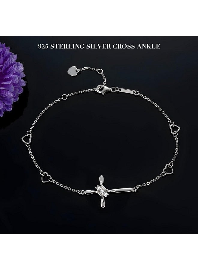OneSight Cross Ankle Bracelet For Women, 925 Sterling Silver Charm Adjustable Foot Anklet, Large Cross Bracelet (Three Cubic Zirconia Diamond Cross) - Image 4
