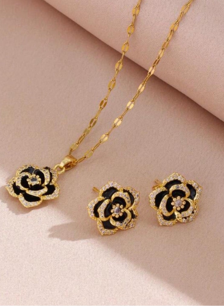Attractives Trendy Stainless Steel Gold Plated Necklace & Earrings Jewellery Set For Women - Image 1