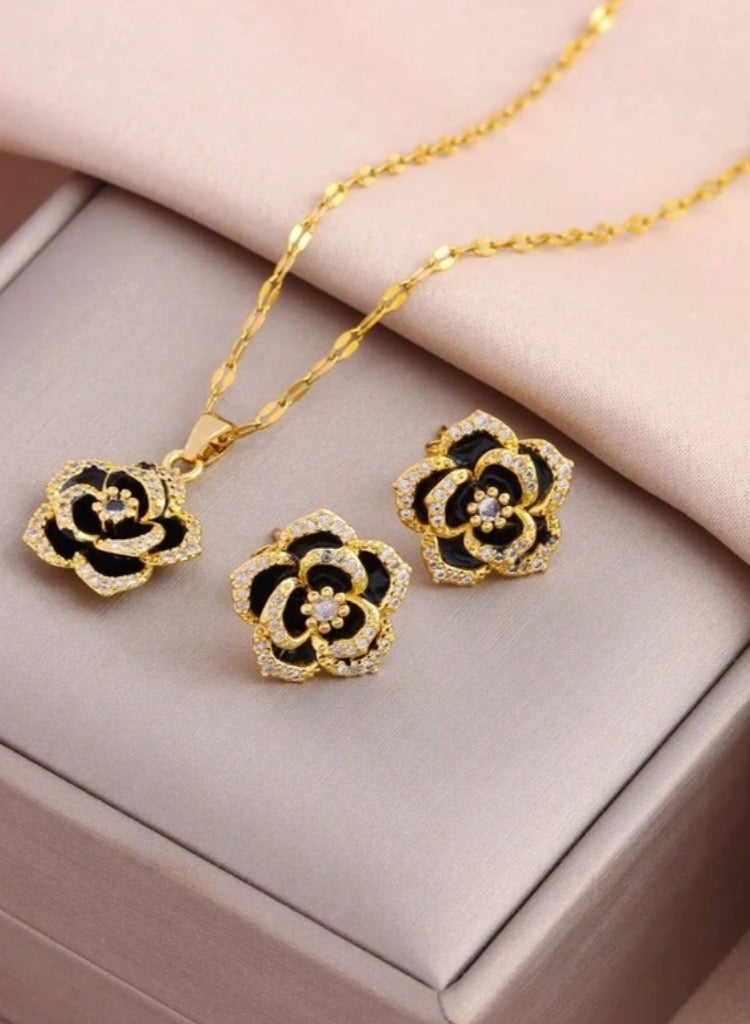 Attractives Trendy Stainless Steel Gold Plated Necklace & Earrings Jewellery Set For Women - Image 2