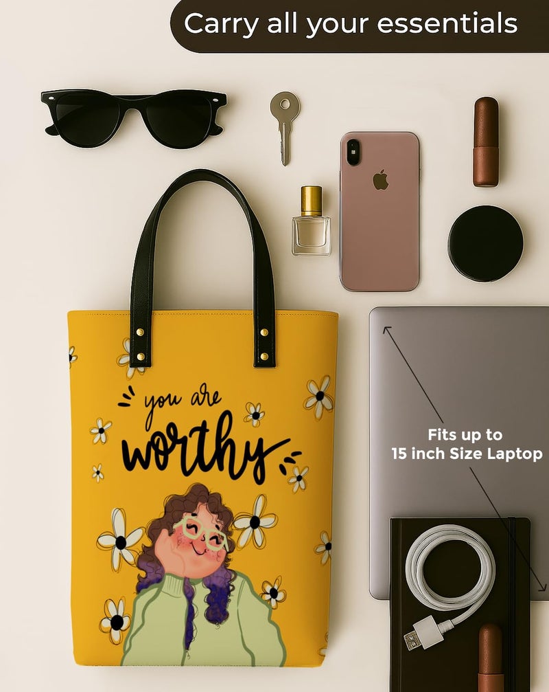 Kalankit Classic Tote Bag For Women | Canvas Printed Ladies Tote | Aesthetic Shoulder College Bag For Girls | Vegan Leather Lightweight Everyday Handbag | Gift for Woman | Worthy Yellow - Image 5