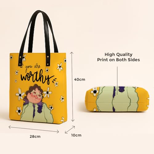 Kalankit Classic Tote Bag For Women | Canvas Printed Ladies Tote | Aesthetic Shoulder College Bag For Girls | Vegan Leather Lightweight Everyday Handbag | Gift for Woman | Worthy Yellow - Image 4