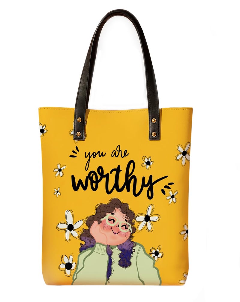 Kalankit Classic Tote Bag For Women | Canvas Printed Ladies Tote | Aesthetic Shoulder College Bag For Girls | Vegan Leather Lightweight Everyday Handbag | Gift for Woman | Worthy Yellow - Image 1