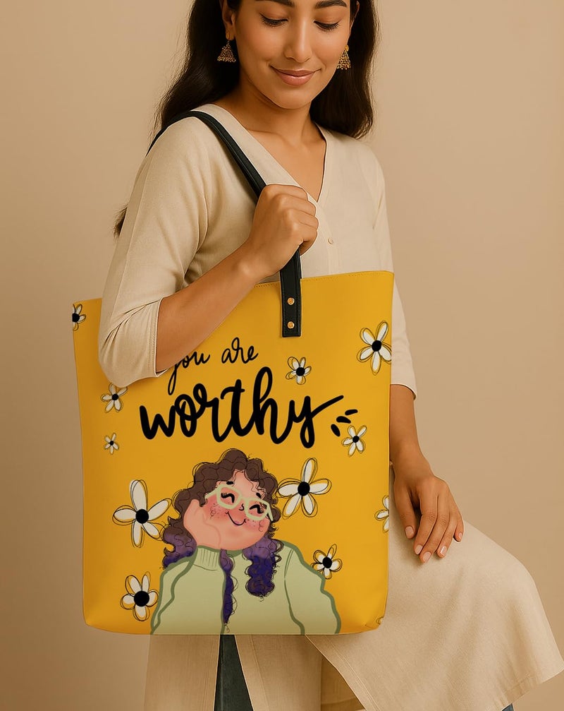Kalankit Classic Tote Bag For Women | Canvas Printed Ladies Tote | Aesthetic Shoulder College Bag For Girls | Vegan Leather Lightweight Everyday Handbag | Gift for Woman | Worthy Yellow - Image 2