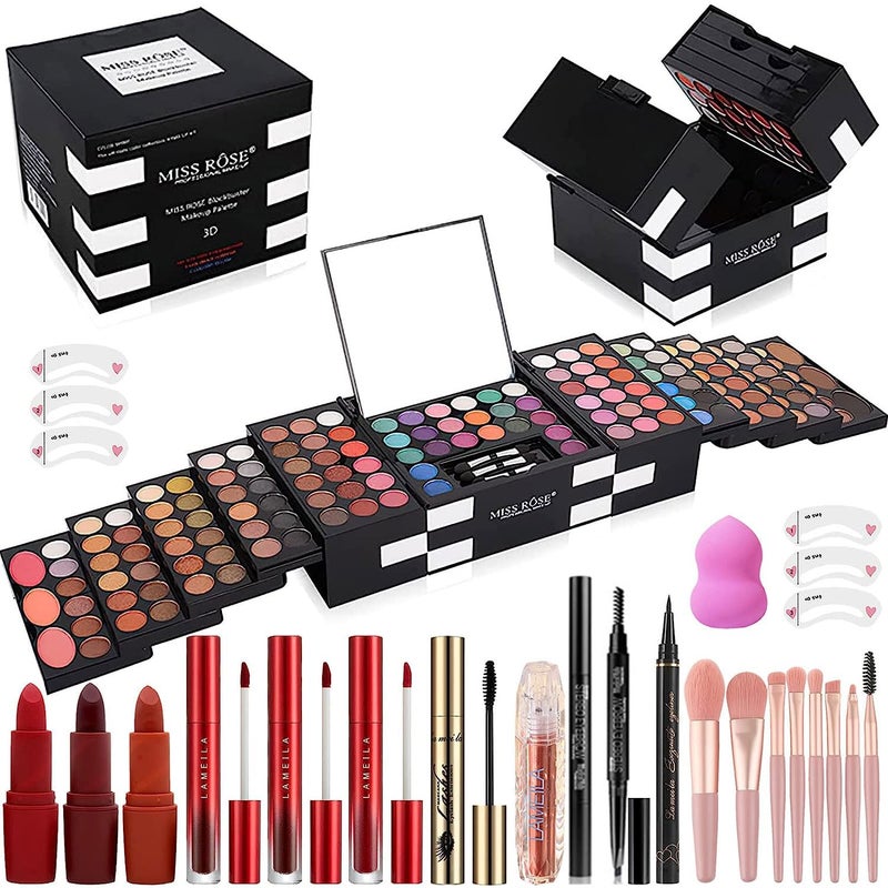 Miss Rose MISS ROSE M 148 Colors Makeup PalletProfessional Makeup Kit for Women Full KitAll in One Makeup Sets for WomenBeginnerinclude EyeshadowLipstickEyelinerConcealermakeup brush045 SetBlack