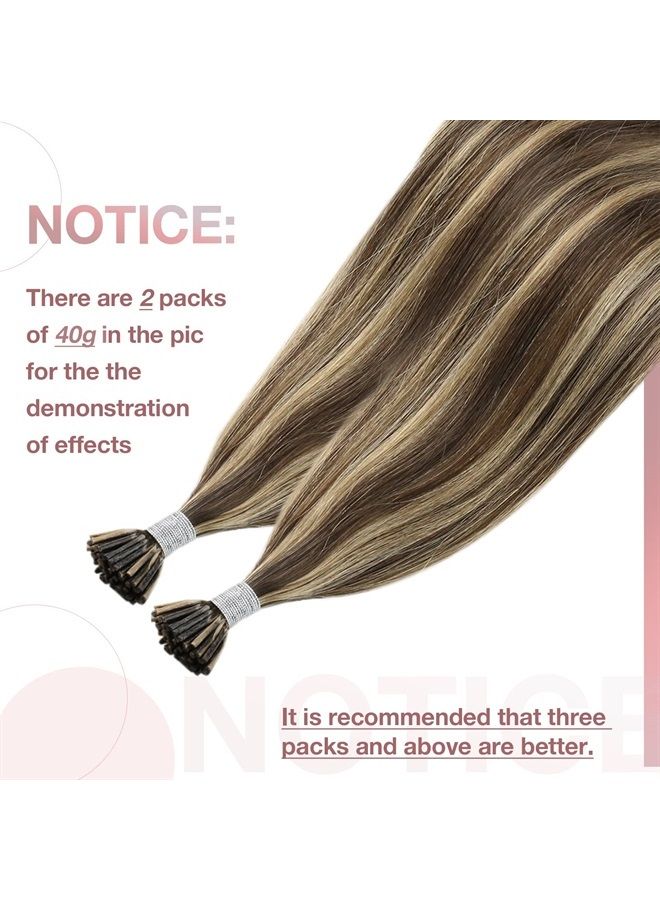 Moresoo Pre Bonded I Tip Human Hair Extensions Highlighted I Tip Keratin Human Hair Dark Brown Mixed With #27 Caramel Blonde Itip Hair Extensions Remy 50S 40G (0.8G/Strand)