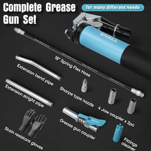 SHALL Grease Gun, 7000 PSI Heavy Duty Pistol Grip Grease Gun Kit w/Grease Gun Coupler, 18” Spring Flex Hose, Reinforced Coupler, 2 Extension Rigid Pipe, Sharp Nozzle, Fittings Cleaner | 14oz Load - Image 2