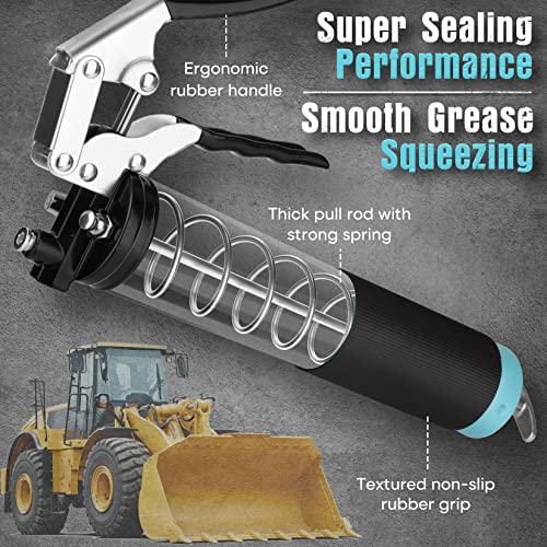 SHALL Grease Gun, 7000 PSI Heavy Duty Pistol Grip Grease Gun Kit w/Grease Gun Coupler, 18” Spring Flex Hose, Reinforced Coupler, 2 Extension Rigid Pipe, Sharp Nozzle, Fittings Cleaner | 14oz Load - Image 3