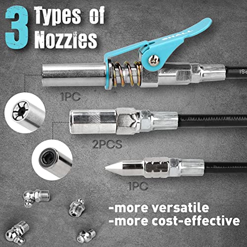 SHALL Grease Gun, 7000 PSI Heavy Duty Pistol Grip Grease Gun Kit w/Grease Gun Coupler, 18” Spring Flex Hose, Reinforced Coupler, 2 Extension Rigid Pipe, Sharp Nozzle, Fittings Cleaner | 14oz Load - Image 5