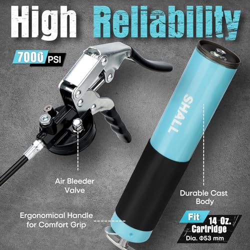 SHALL Grease Gun, 7000 PSI Heavy Duty Pistol Grip Grease Gun Kit w/Grease Gun Coupler, 18” Spring Flex Hose, Reinforced Coupler, 2 Extension Rigid Pipe, Sharp Nozzle, Fittings Cleaner | 14oz Load - Image 4