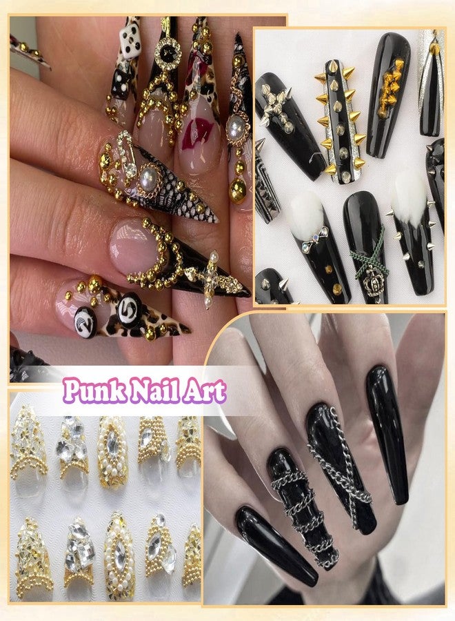 CESUSME Silver Gold Goth Nail Spikes Charms, 6 Strips Punk Black Gold Nail Chains Charms, Alloy Gothic Chrome Spikes Studs Nail Charms, Y2k Metal Nail Art Chains for Nails DIY Design Accessories - Image 5