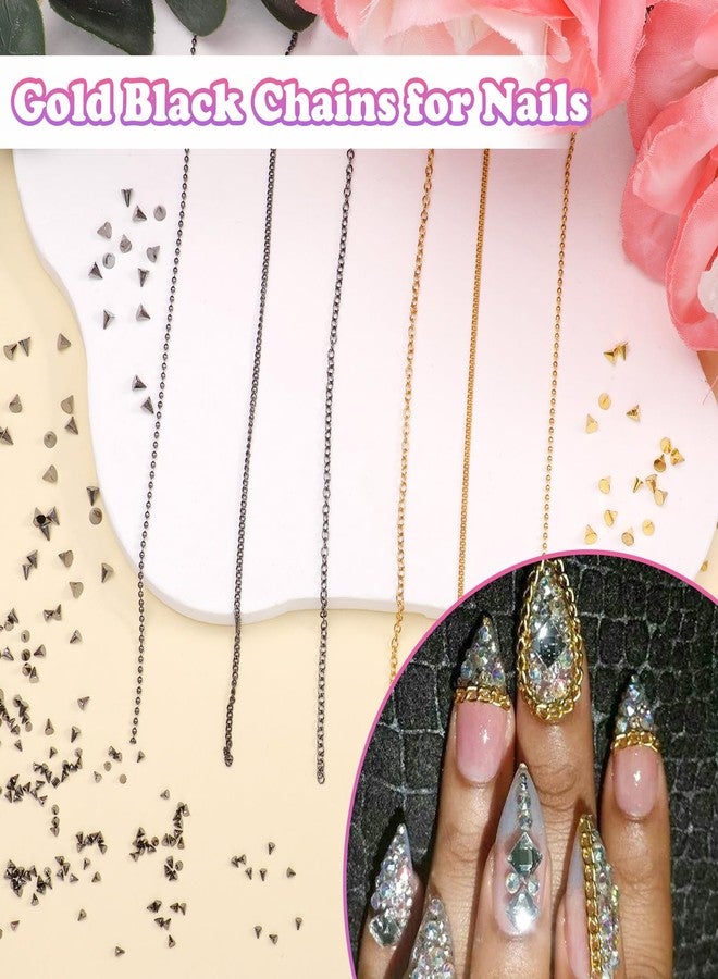 CESUSME Silver Gold Goth Nail Spikes Charms, 6 Strips Punk Black Gold Nail Chains Charms, Alloy Gothic Chrome Spikes Studs Nail Charms, Y2k Metal Nail Art Chains for Nails DIY Design Accessories - Image 3