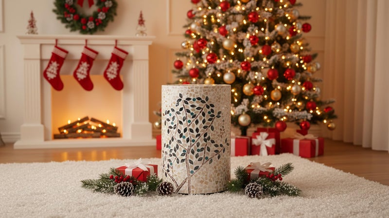 PEMAR Mother of Pearl Cylinder Drum End Table Nacre Side Stool Round Accent Table Coffee Bedside Nightstand and Vanity Stool (Olive Tree) - Image 3