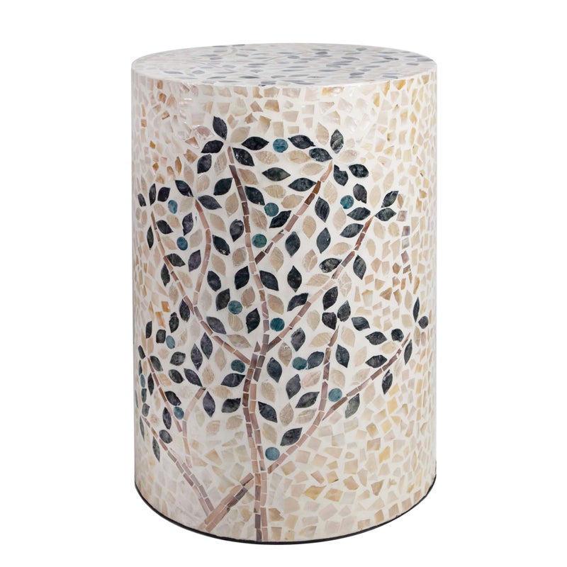 PEMAR Mother of Pearl Cylinder Drum End Table Nacre Side Stool Round Accent Table Coffee Bedside Nightstand and Vanity Stool (Olive Tree) - Image 1