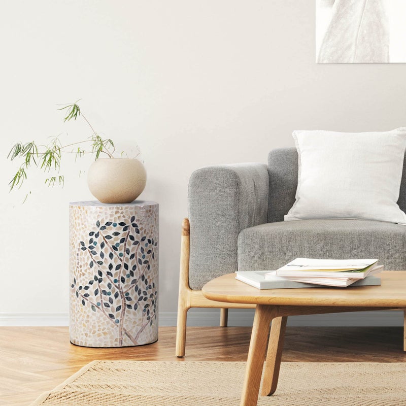 PEMAR Mother of Pearl Cylinder Drum End Table Nacre Side Stool Round Accent Table Coffee Bedside Nightstand and Vanity Stool (Olive Tree) - Image 5