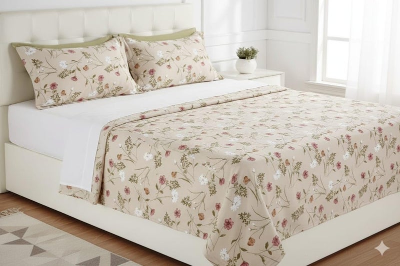 Temoli® King Size Pure Cotton Bedsheet with 2 Pillow Covers (108x108 Inch) – Soft & Breathable Summer Double Bed Sheet | Floral Light Green Design - Image 1
