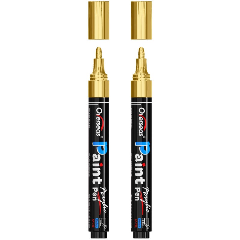 Overseas Gold Paint Pens Paint Markers - Permanent Acrylic Markers 2 Pack, Water Based, Quick Dry, Waterproof Marker Pen for Rock, Wood, Plastic, Metal, Canvas, Glass, Fabric, Mugs. Medium Tip - Image 1