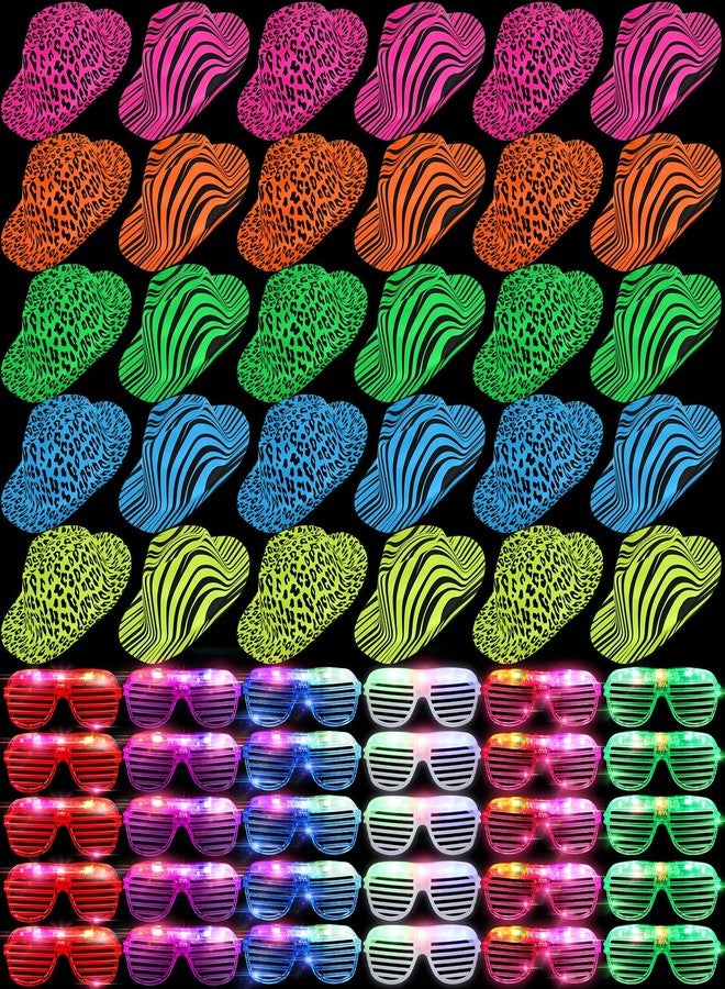 مايتيز مجموعة من 60 قبعة حفلات ونظارات مضيئة بتقنية LED، تتضمن 30 قبعة بلاستيكية مطبوعة بنقوش حيوانات نيون و30 نظارة مضيئة بتقنية LED، مثالية كهدايا لحفلات أعياد الميلاد وحفلات توديع العزوبية للأطفال والكبار. - Image 1