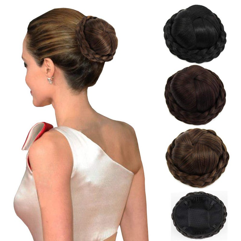 LesafeV Round Braided Top Buns Hair Piece Clip in Chignon Donut Updo Scrunchie Extension for Women Dark BrownLittle Reddish