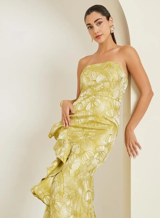 Green Jacquard Sleeveless Ruffled Detail Maxi Dress