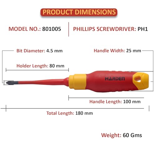 HARDEN Insulated Magnetic Phillips Type Screwdriver PH1 X 180mm - Professional Electrician VDE Can Withstand 1000V - Total Length 180mm - 801005 - Image 2
