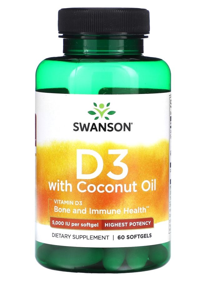 SWANSON D3 with Coconut Oil Highest Potency 5000 IU 60 Softgels