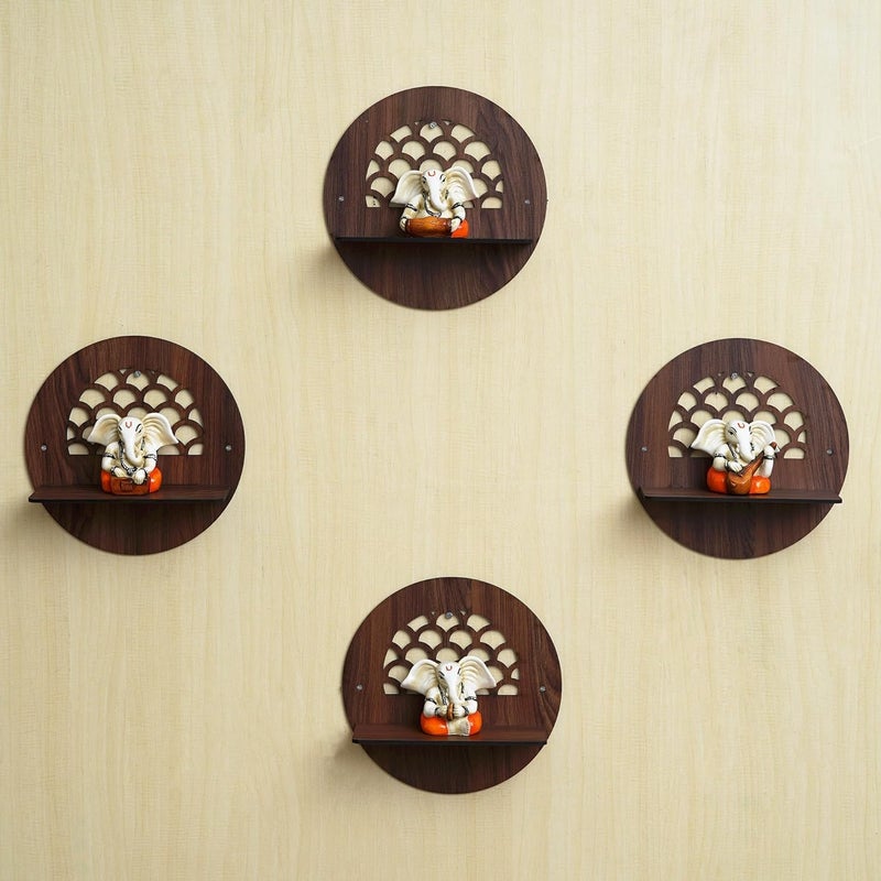 VUF Set of 4 Brown Round Shaped Designer Wooden Wall Shelves