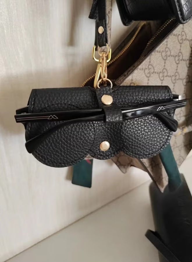 حافظة نظارات جلدية مع حزام - حقيبة نظارات شمسية محمولة قابلة للطي، إغلاق بزر كبس (أسود) - Image 2