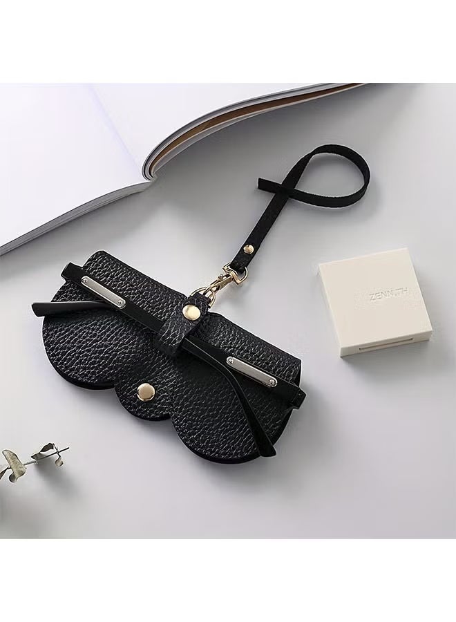 حافظة نظارات جلدية مع حزام - حقيبة نظارات شمسية محمولة قابلة للطي، إغلاق بزر كبس (أسود) - Image 1