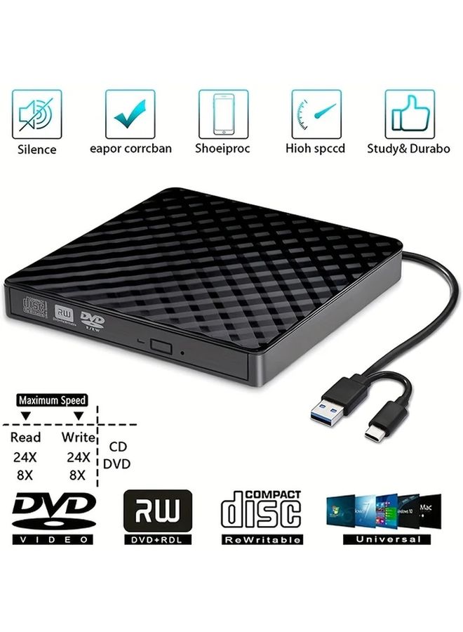 Black Portable USB 3 0 And USB C External CD DVD Burner Drive 24X Read 8X Write - Image 1
