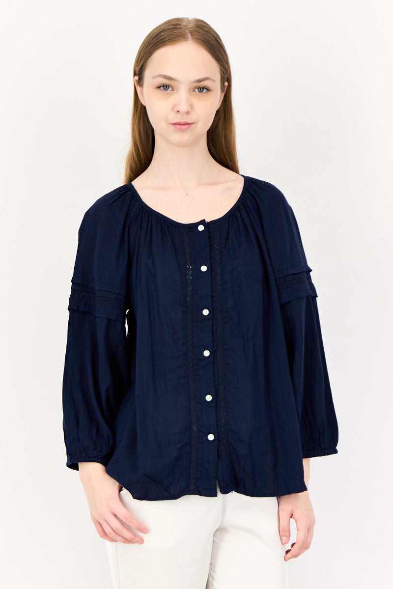 GAP Women Round Neck Long Sleeves Embroidered Top, Navy - Image 1